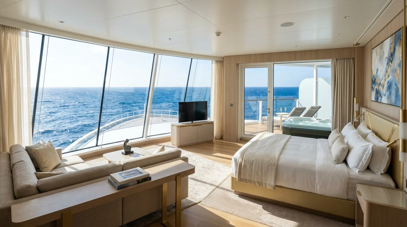 Intérieur luxueux de la Suite Iconic surplombant la proue sur le Celebrity Xcel